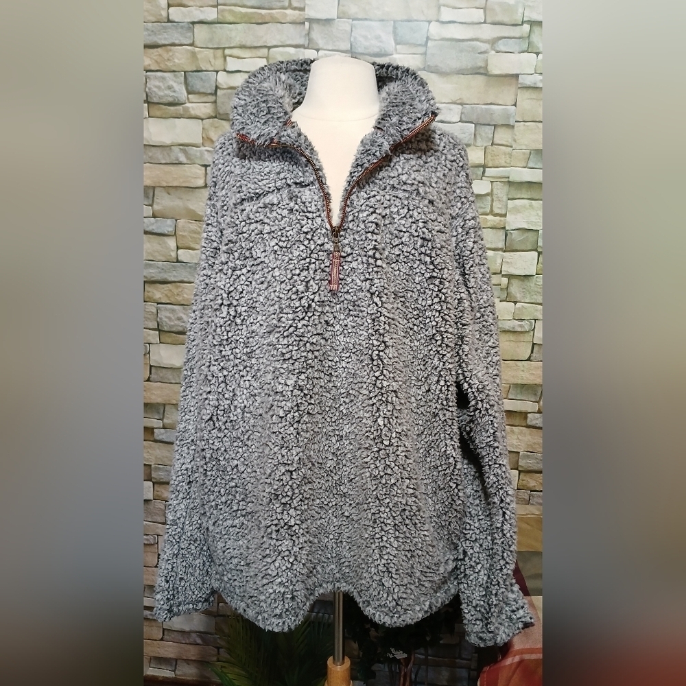 Mens XXL Alpine Sherpa 1/4 Zip Pullover Gray Black Cottagecore Cabincore